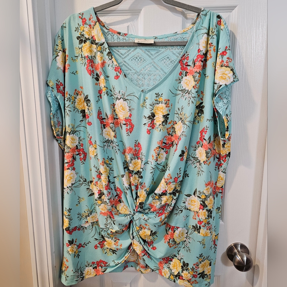 Bobbie Brooks Teal With Floral Print And Knot Design Top